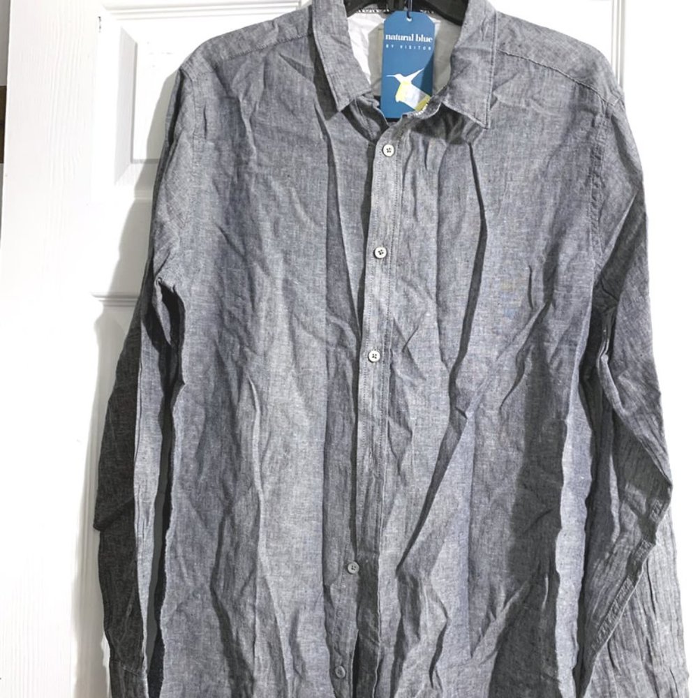 Natural Blue by Visitor Linen Blend Button Down Long Sleeve Dress Shirt